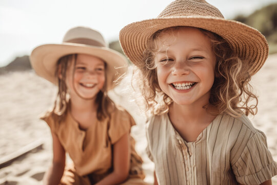 Generative AI Image Of Cheerful Girls With Hats Laughing While Having Fun Together On Sandy Beach During Summer Holidays