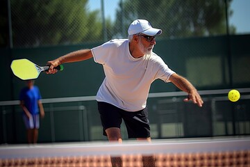 Photo of an elderly man holding a pickleball racket on a pickleball court. Generative ai