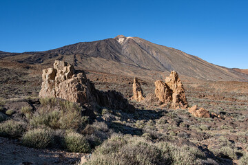 Huge amazing panorama landscape of hills and mountains in the desert of el teide volcano in tenerife, canarias, spain