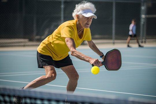 Photo of an old lady holding a pickleball racquet on a pickleball court. Generative ai