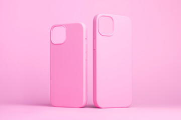 set of two pink cases for iPhone 15 and 14 Plus or iPhone 13 and 13 mini back side view isolated on...