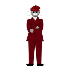 The Cat businessman isolated on white background. Cartoon character. A child's image. English Cat in Suit and tie. Vector illustration. Children Flat art. 