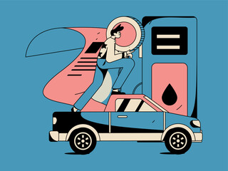 Vector internet operation hand-drawn illustration of people getting discounts for refueling the car
