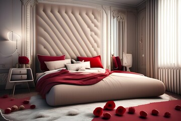 Bedroom with bed, sheets, pillows, mirror, bedside table with red flower bouquet. Modern classic interior design. - generative ai
