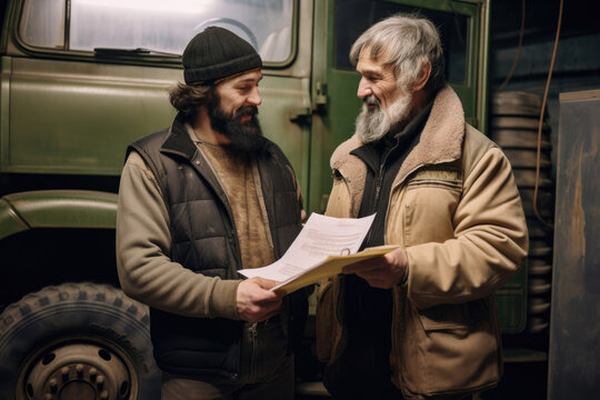 Generative AI of middle aged bearded male drivers in warm clothes standing near truck and discussing documents
