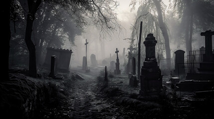 A spooky graveyard covered in fog, filled with tombstones