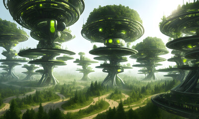 A high tech solarpunk utopia city / metropolis in europe in the future with forest, trees, futuristic buildings and domes, digital concept art, generative ai generative ki, science fiction - 592653178