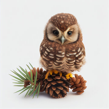 Adorable baby owl holding a pine cone in a real photo on white background - Generative AI
