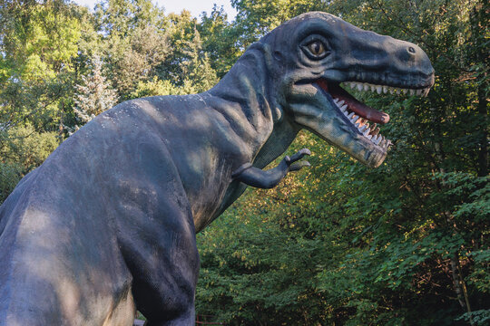 Chorzow, Poland - August 26, 2022: Tarbosaurus sculpture in Dinosaur Valley of Silesian ZOO in Chorzow