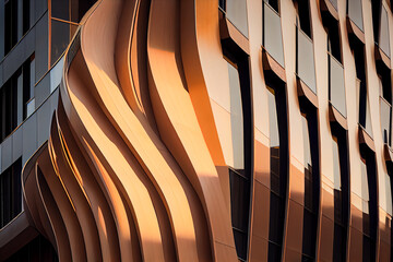 Generative AI image of contemporary multistory building with wavy architecture and glass windows