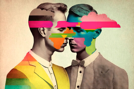 Generative AI illustration of young LGBT gay couple in smart wear with suits and bowtie in romantic closeness with cloudy colored painting over grey background