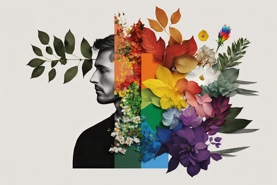 Generative AI illustration of male in black suit with face covered in bouquet of colorful flowers against gray background