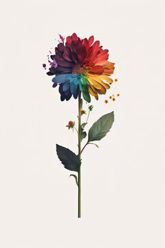 Generative AI illustration of fresh bright multicolored gerbera flowers on stalk with green leaves over white grey background