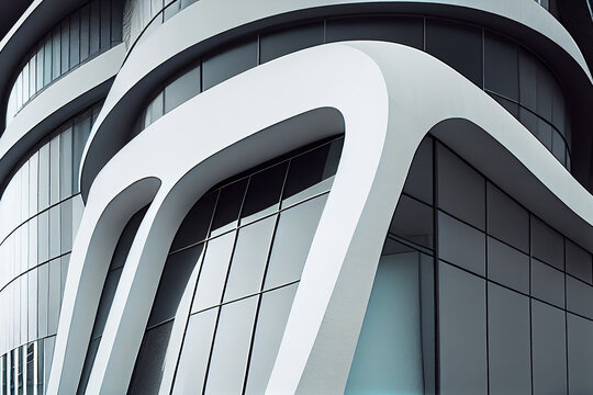 Generative AI illustration of contemporary geometric architecture with glass windows and white walls