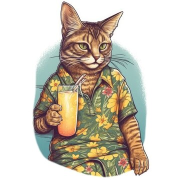 The cute cat wears a Hawaii shirt and holds a cocktail in his hand. Vector illustration. Generative Ai.