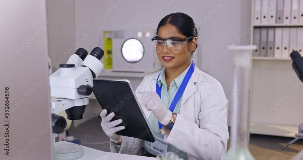 Aufkleber medical science, woman and laboratory with tablet for research for futuristic innovation and develop