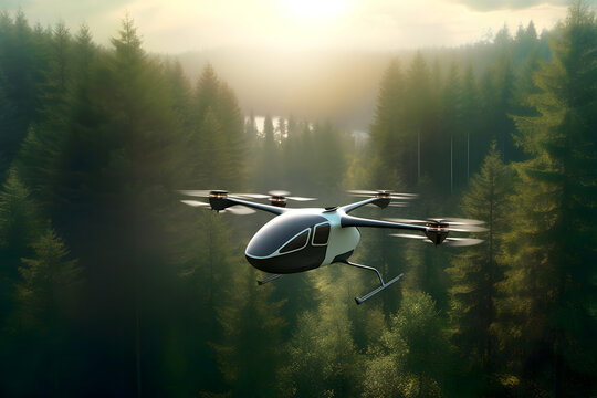 EVTOL aircraft flying above forest. Generative AI