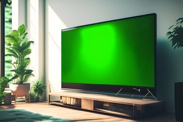 Large green screen led TV in a cozy living room in a modern home. - generative ai
