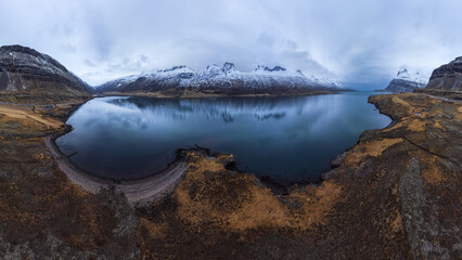 Drone view of lake in mountains