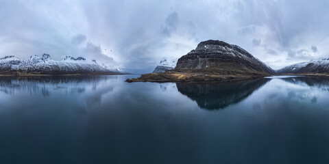 Drone view of lake in mountains