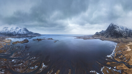 Drone view of lake in mountains