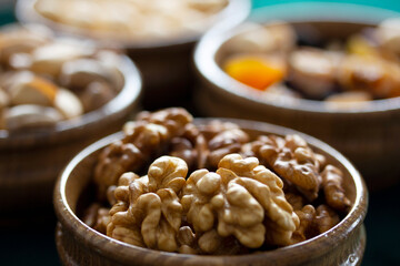 Fresh walnuts on the plate.