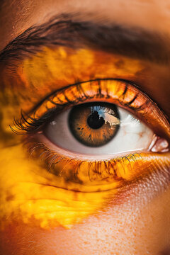 Generative AI image of woman brown eye with golden paint around looking at camera