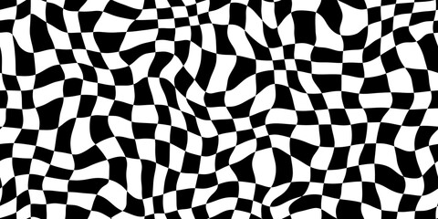 Seamless trippy psychedelic wavy warbled retro checker grid pattern. Vintage 80s vaporwave webpunk aesthetic art. Black and white 70s optical illusion surreal marbled wonky lines background texture.