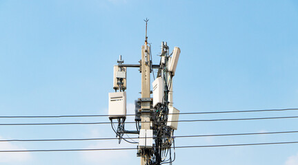 Group box Communication tower telephone pole wireless technology signal future with electric wire...
