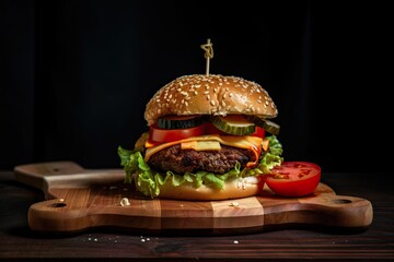 side view of burger on tray with dark background