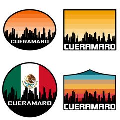 Cueramaro Skyline Silhouette Mexico Flag Travel Souvenir Sticker Sunset Background Vector Illustration SVG EPS AI