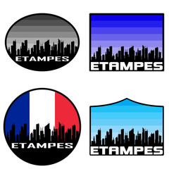 Etampes Skyline Silhouette France Flag Travel Souvenir Sticker Sunset Background Vector Illustration SVG EPS AI