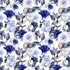 Dark Blue Roses- Seamless Floral Print - Seamless Watercolor Pattern Flowers - perfect for wrappers, wallpapers, postcards, greeting cards, wedding invitations, romantic events.