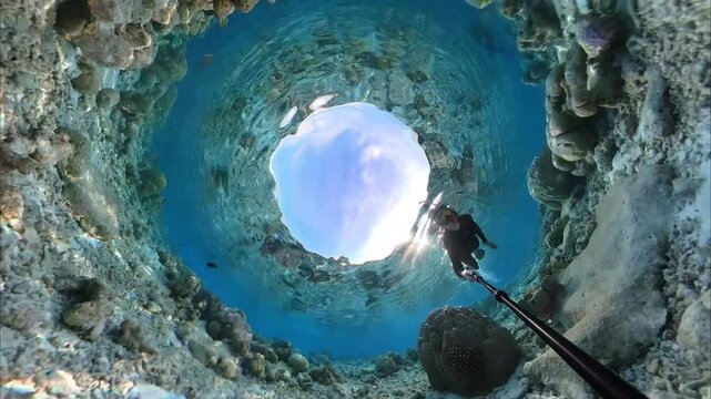 Woman snorkeling in full body suit in tropical sea at the Maldives over corals with a rabbit hole effect in 360 degree video camera mode