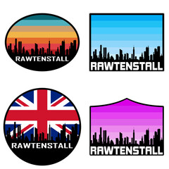 Rawtenstall Skyline Silhouette Uk Flag Travel Souvenir Sticker Sunset Background Vector Illustration SVG EPS AI