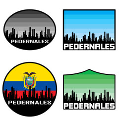 Pedernales Skyline Silhouette Ecuador Flag Travel Souvenir Sticker Sunset Background Vector Illustration SVG EPS AI