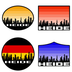 Heide Skyline Silhouette Germany Flag Travel Souvenir Sticker Sunset Background Vector Illustration SVG EPS AI
