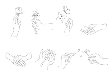 Hands in various gestures. Line art collection isolated on white background. Hand-drawn, Vector Illustration.