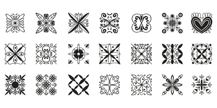 Black tile set. Hand drawn curve and floral ornament. Mediterranean or arabic ceramic. Architecture traditional, logo template, oriental emblem or logotype. Mosaic element vector illustration