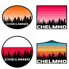 Chelmno Skyline Silhouette Poland Flag Travel Souvenir Sticker Sunset Background Vector Illustration SVG EPS AI