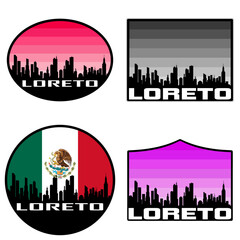 Loreto Skyline Silhouette Mexico Flag Travel Souvenir Sticker Sunset Background Vector Illustration SVG EPS AI