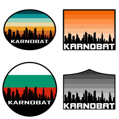 Karnobat Skyline Silhouette Bulgaria Flag Travel Souvenir Sticker Sunset Background Vector Illustration SVG EPS AI