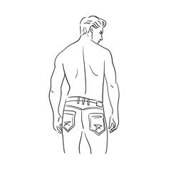 Athletic handsome guy with muscular naked torso in  jeans stands with his back. Stock vector illustration isolated on blom background.
