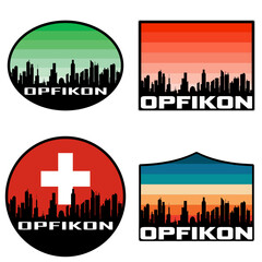 Opfikon Skyline Silhouette Switzerland Flag Travel Souvenir Sticker Sunset Background Vector Illustration SVG EPS AI