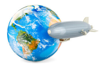 Airship or dirigible balloon with Earth Globe, 3D rendering