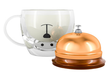 Bear tea cup full of milk with reception bell, 3D rendering