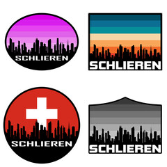 Schlieren Skyline Silhouette Switzerland Flag Travel Souvenir Sticker Sunset Background Vector Illustration SVG EPS AI
