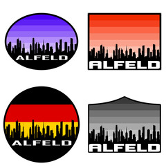 Alfeld Skyline Silhouette Germany Flag Travel Souvenir Sticker Sunset Background Vector Illustration SVG EPS AI
