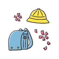 桜の舞う黄色い帽子とランドセルのシンプルな手描きベクター線画イラスト