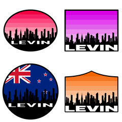 Levin Skyline Silhouette New Zealand Flag Travel Souvenir Sticker Sunset Background Vector Illustration SVG EPS AI